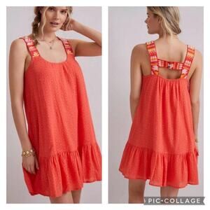 Anthropologie Embroidered Tunic Dress Coral Orange Size Medium